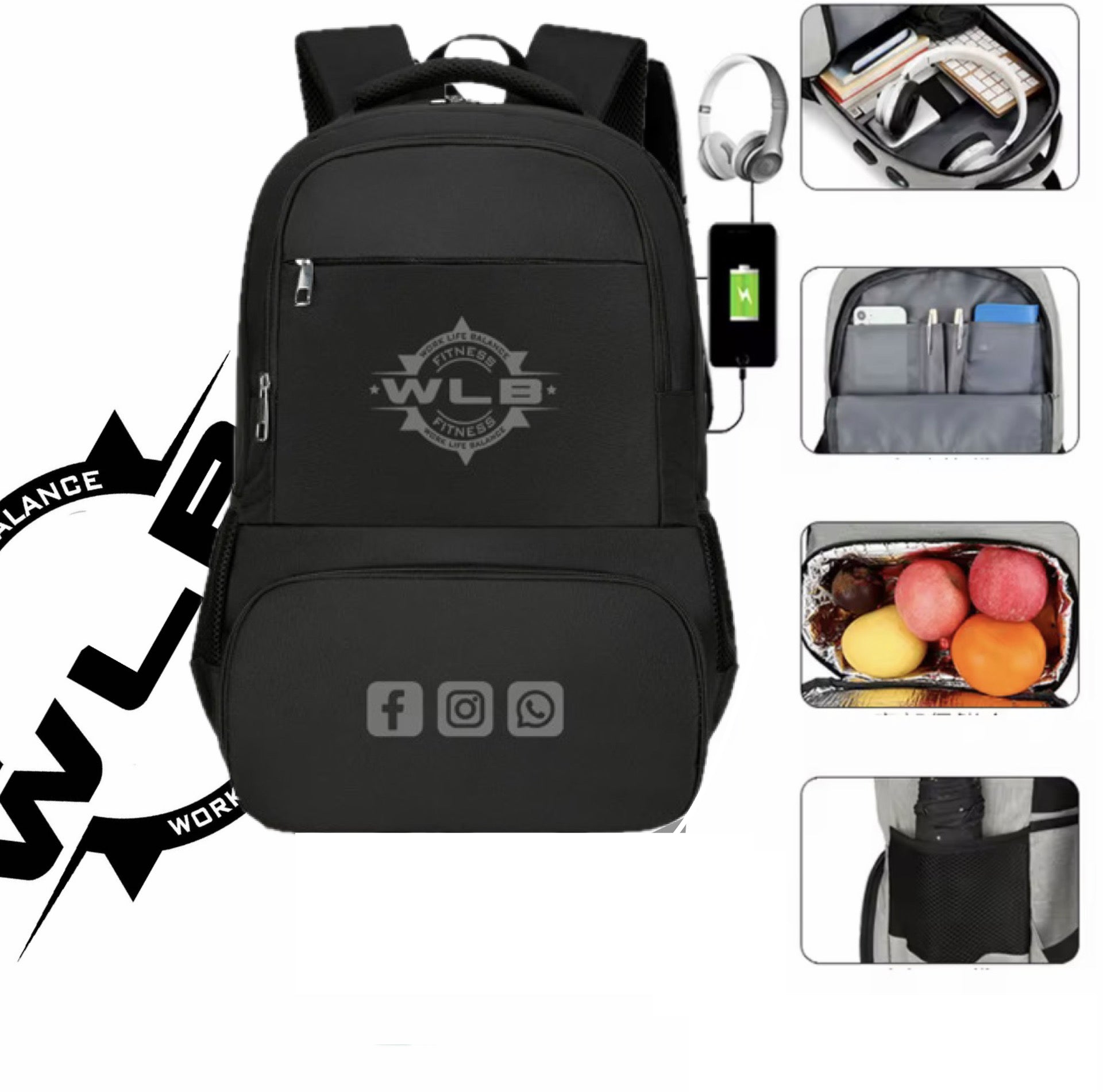 Logo Black Backpack (w/ USB Charging point & Food compartment)