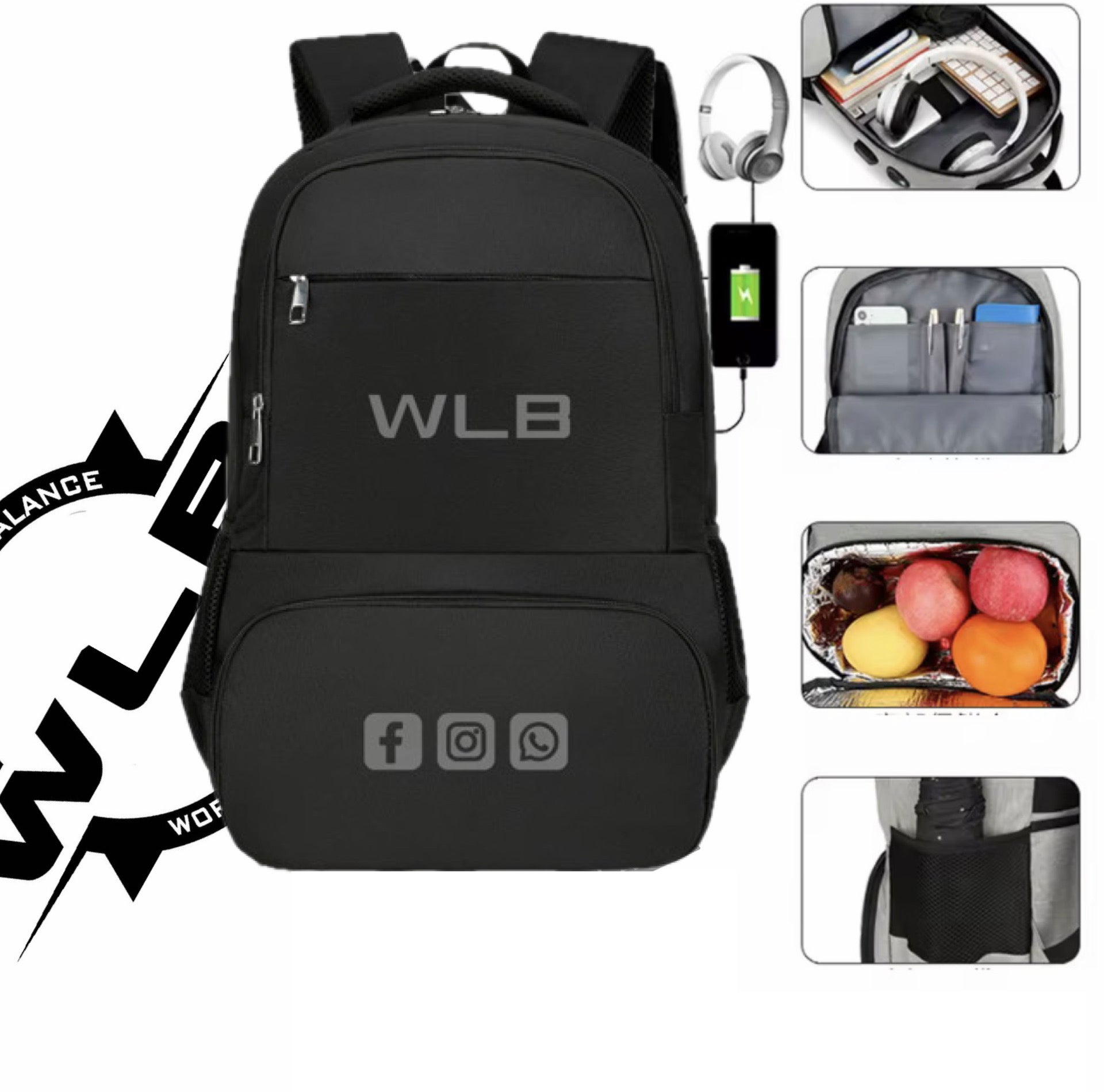 Classic Black Backpack (w/ USB Charging point & Food compartment)